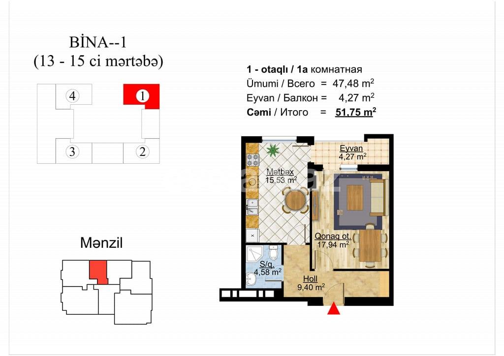 Satılır, yeni tikili, 1 otaqlı, 52 m², Gənclik m.