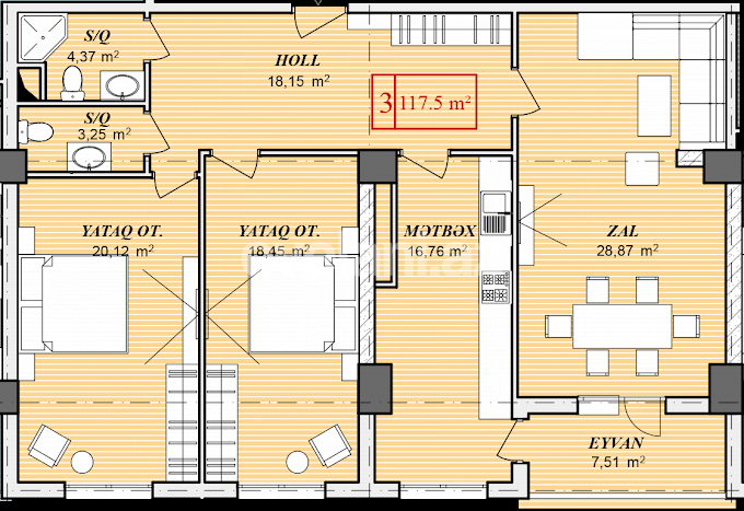 Sale, new building, 3 room, 118 m², Ganjlik m.