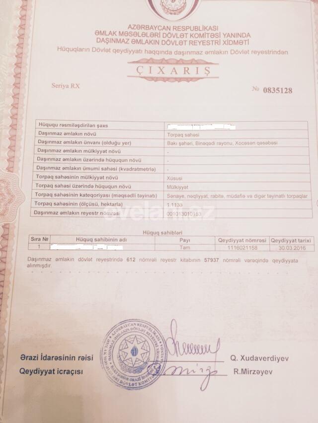 Satılır, torpaq, 111 sot, Xocasən q.