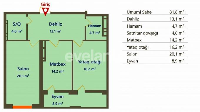 Satılır, yeni tikili, 2 otaqlı, 82 m², Qara Qarayev m.