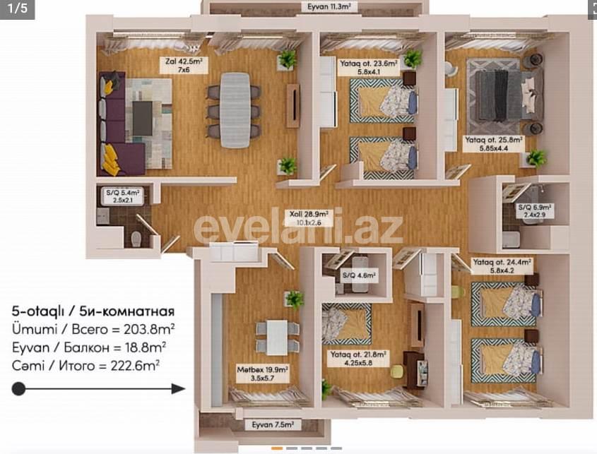 Sale, new building, 5 room, 222 m², Baku, Khatai r, White city d, Shah Ismail Khatai m.