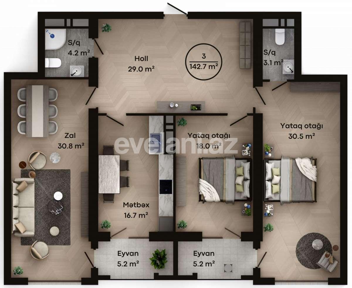 Продаётся, новостройка, 3-комнаты, 142.7 m², Баку, Наримановский r, Гянджлик m.