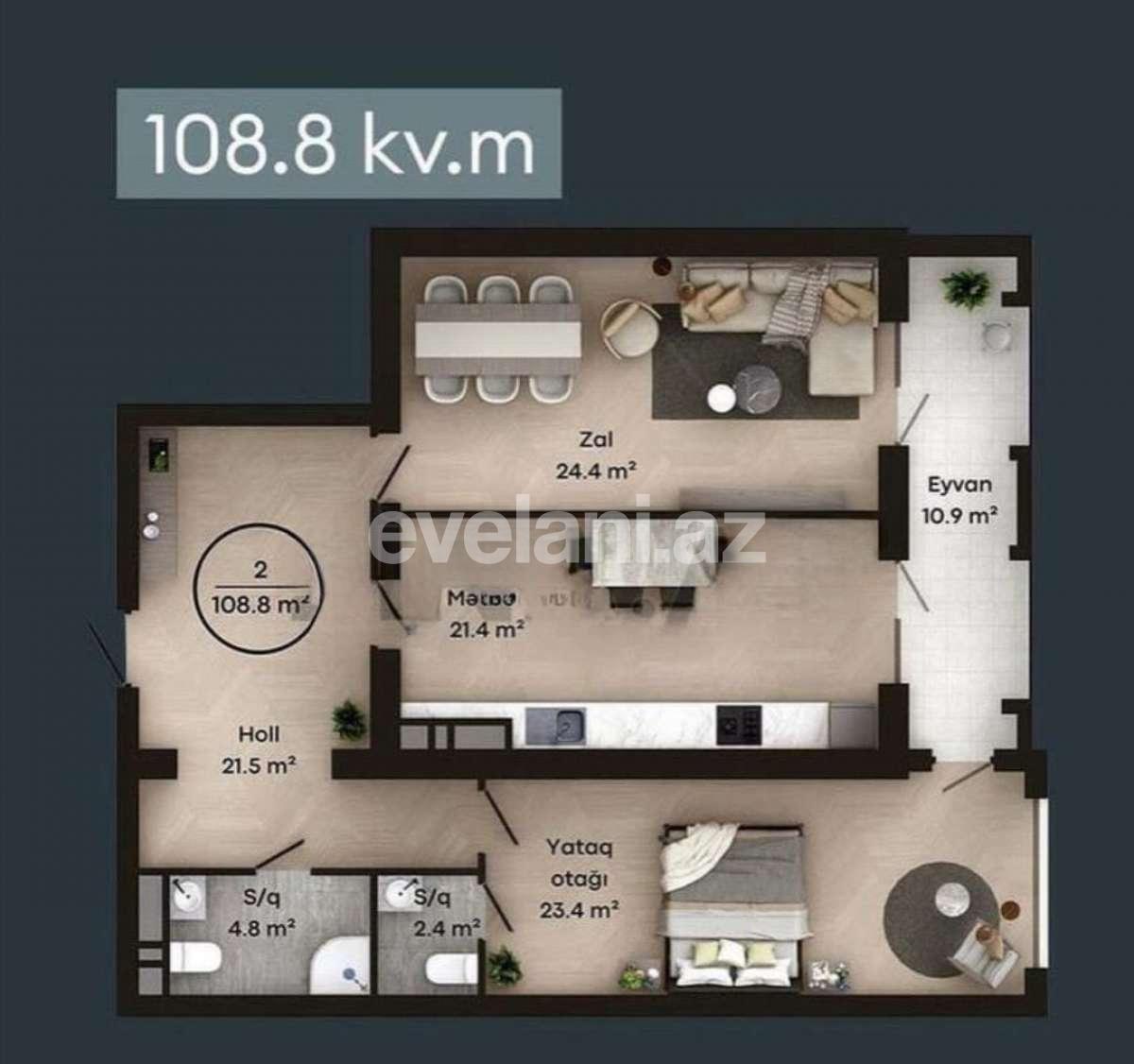 Продаётся, новостройка, 2-комнаты, 108.8 m², Баку, Наримановский r, Гянджлик m.