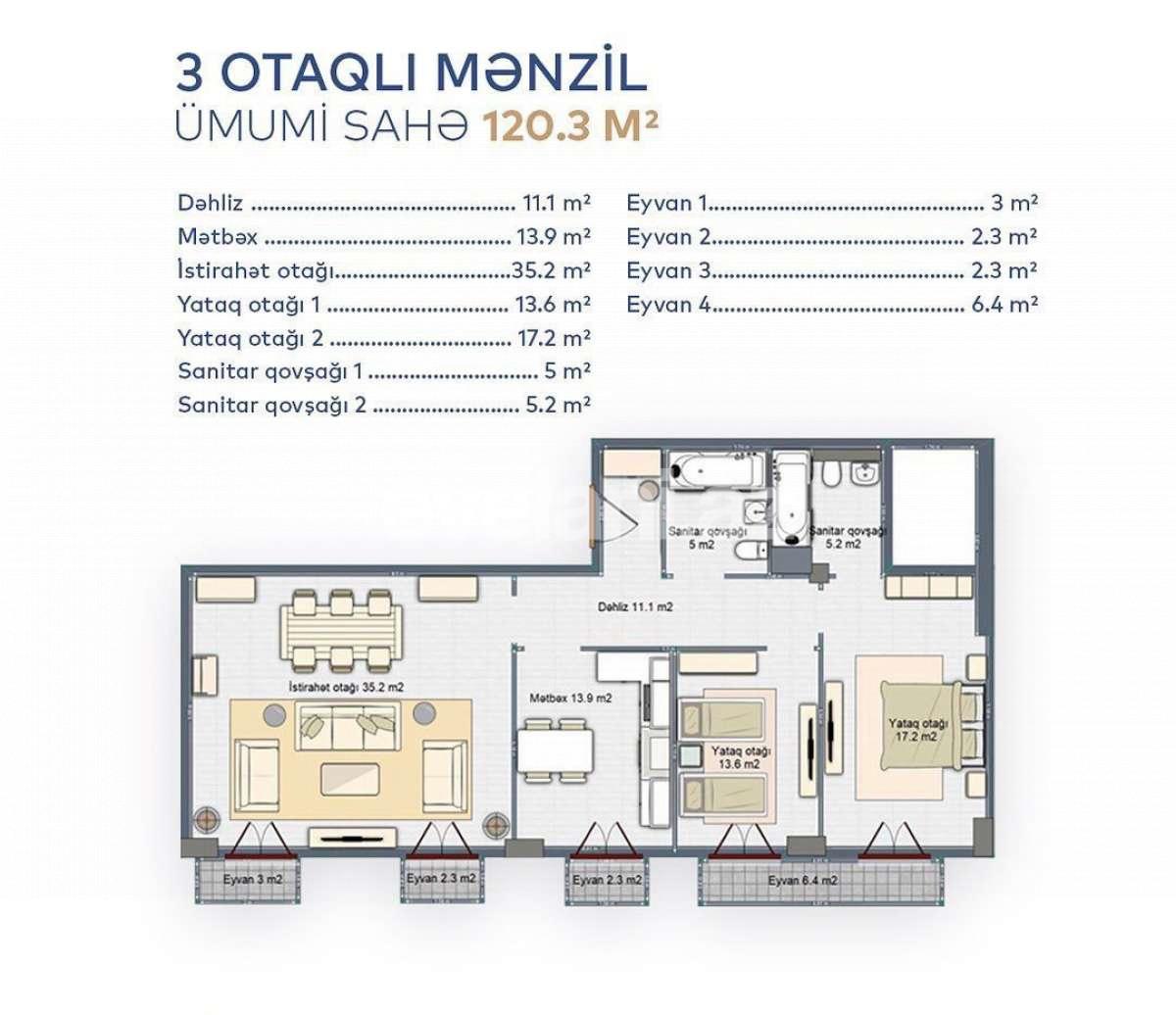 Sale, new building, 3 room, 132 m², Baku, Khatai r, White city d, Shah Ismail Khatai m.