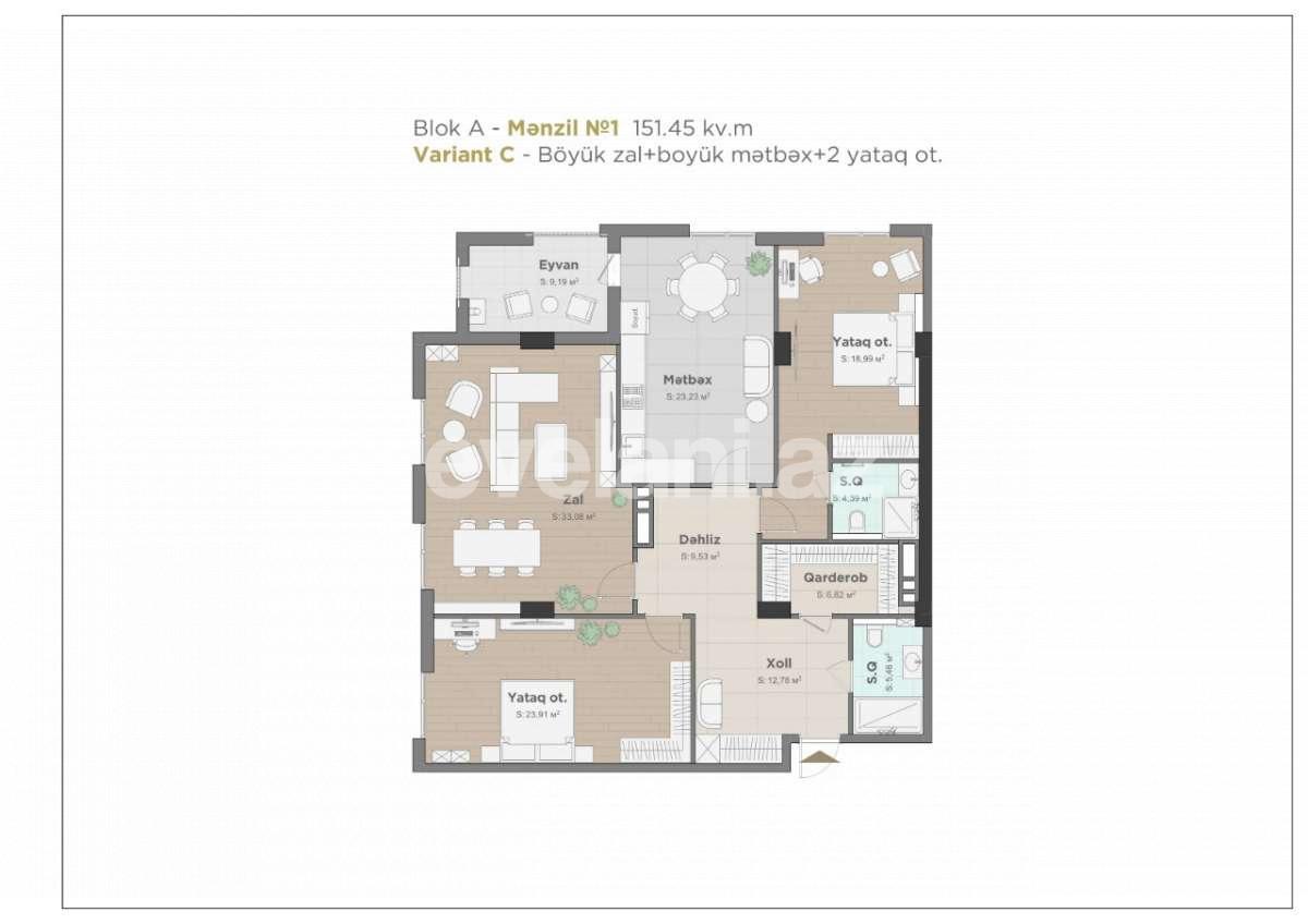 Satılır, yeni tikili, 3 otaqlı, 151.45 m², Bakı, Yasamal r, Yasamal q.
