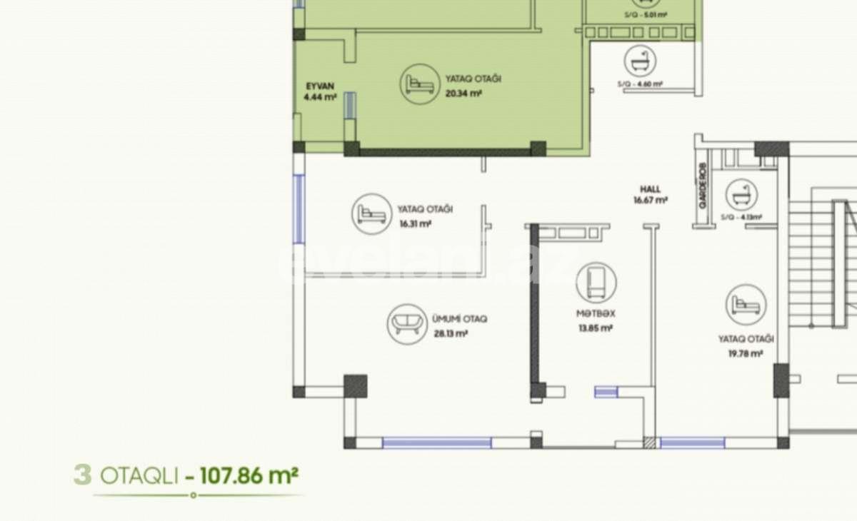 Satılır, yeni tikili, 3 otaqlı, 107 m², Bakı, Yasamal r, Yasamal q, Elmlər Akademiyası m.