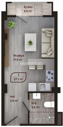 Sale, new building, 1 room, 30.4 m², Baku, Yasamal r, Yasamal d, 20 yanvar m.