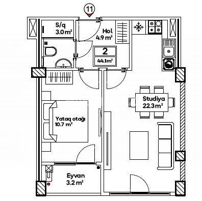 Sale, new building, 2 room, 44 m², Baku, Yasamal r, Yasamal d, 20 yanvar m.