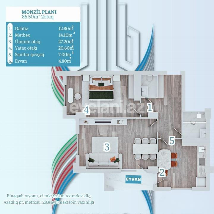 Satılır, yeni tikili, 2 otaqlı, 86.5 m², Bakı, Binəqədi r, 7-ci mikrorayon q, Azadlıq prospekti m.