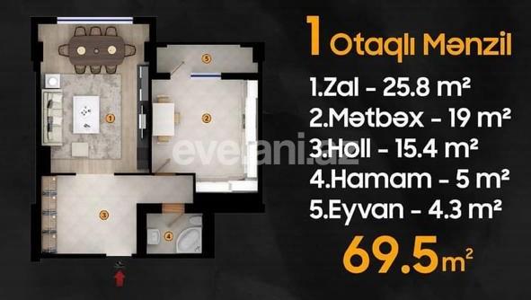 Sale, new building, 1 room, 69.5 m², Baku, Nasimi r, Ulduz m.