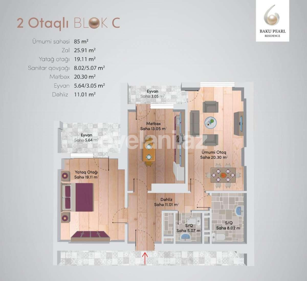Sale, new building, 2 room, 85 m², Baku, Khatai r.
