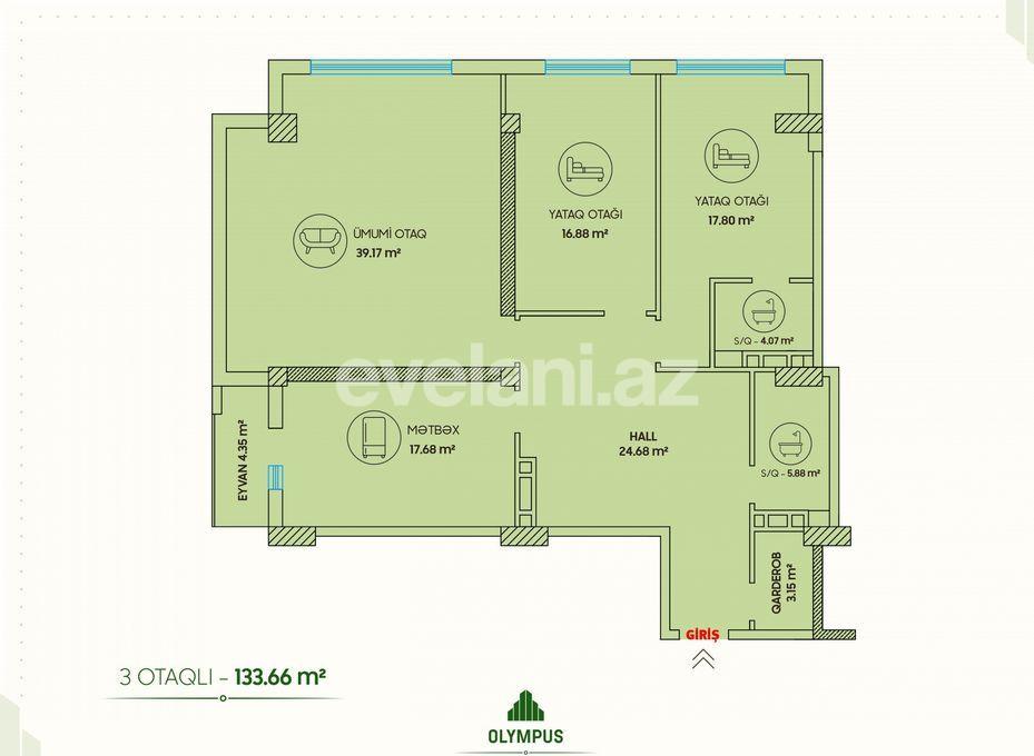 Sale, new building, 3 room, 134 m², Baku, Yasamal r.