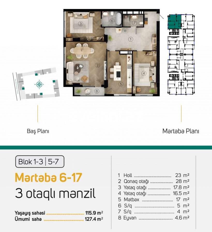 Satılır, yeni tikili, 3 otaqlı, 127.4 m², Bakı, Xətai r, Ağ şəhər q, Şah İsmayıl Xətai m.