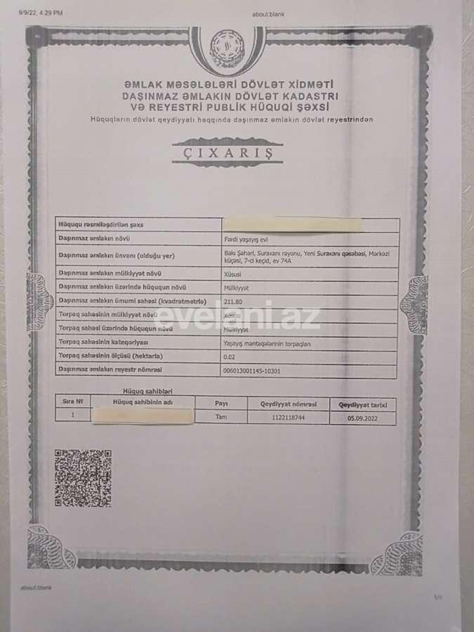 Satılır, həyət evi / bağ, 6 otaqlı, 212 m², Bakı, Sabunçu r, Ramana q.