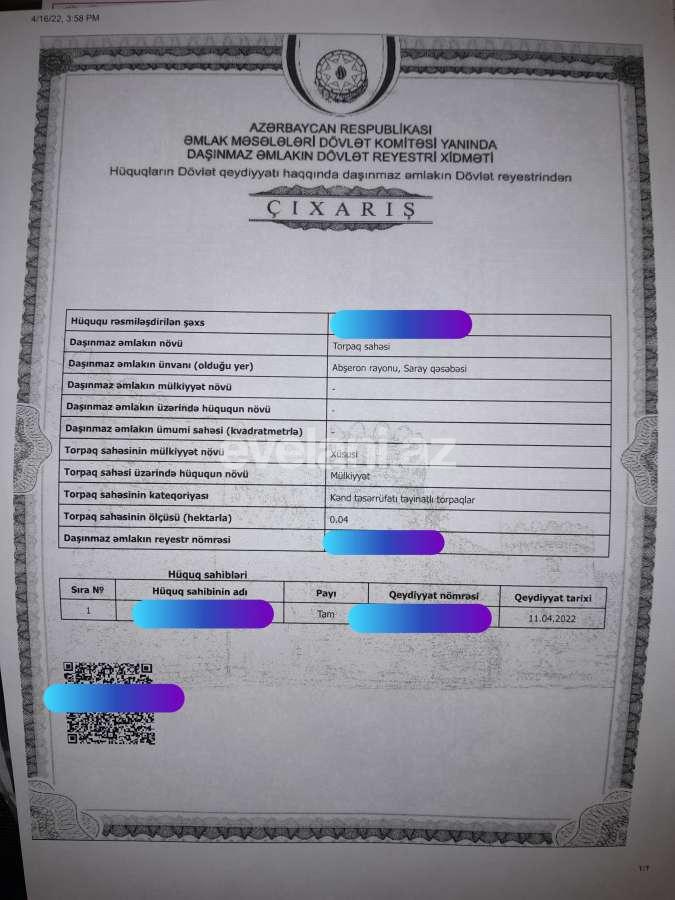 Satılır, torpaq, 4 sot, Bakı, Abşeron r, Saray q.