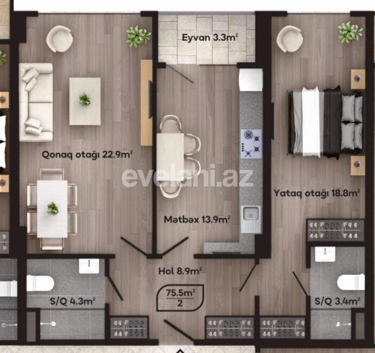 Satılır, yeni tikili, 2 otaqlı, 75 m², Bakı, Nəsimi r, Gənclik m.