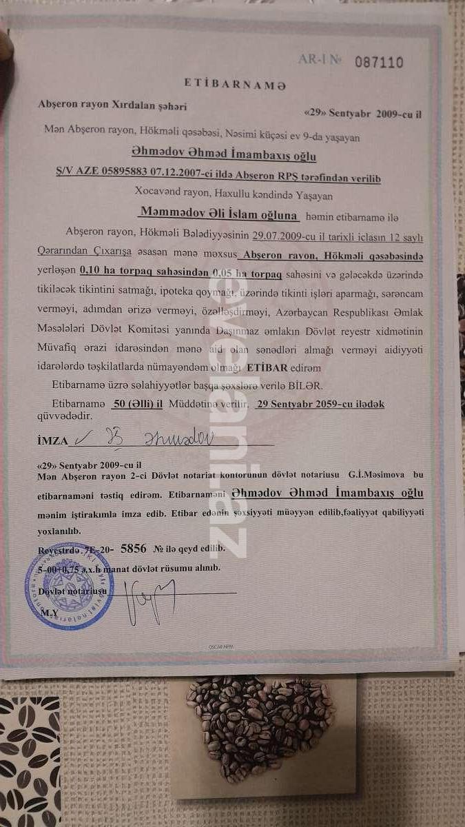 Satılır, torpaq, 0.5 sot, Bakı, Abşeron r, Hökməli q.