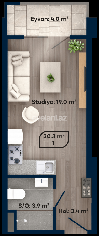 Satılır, yeni tikili, 1 otaqlı, 30 m², Bakı, Nəsimi r.